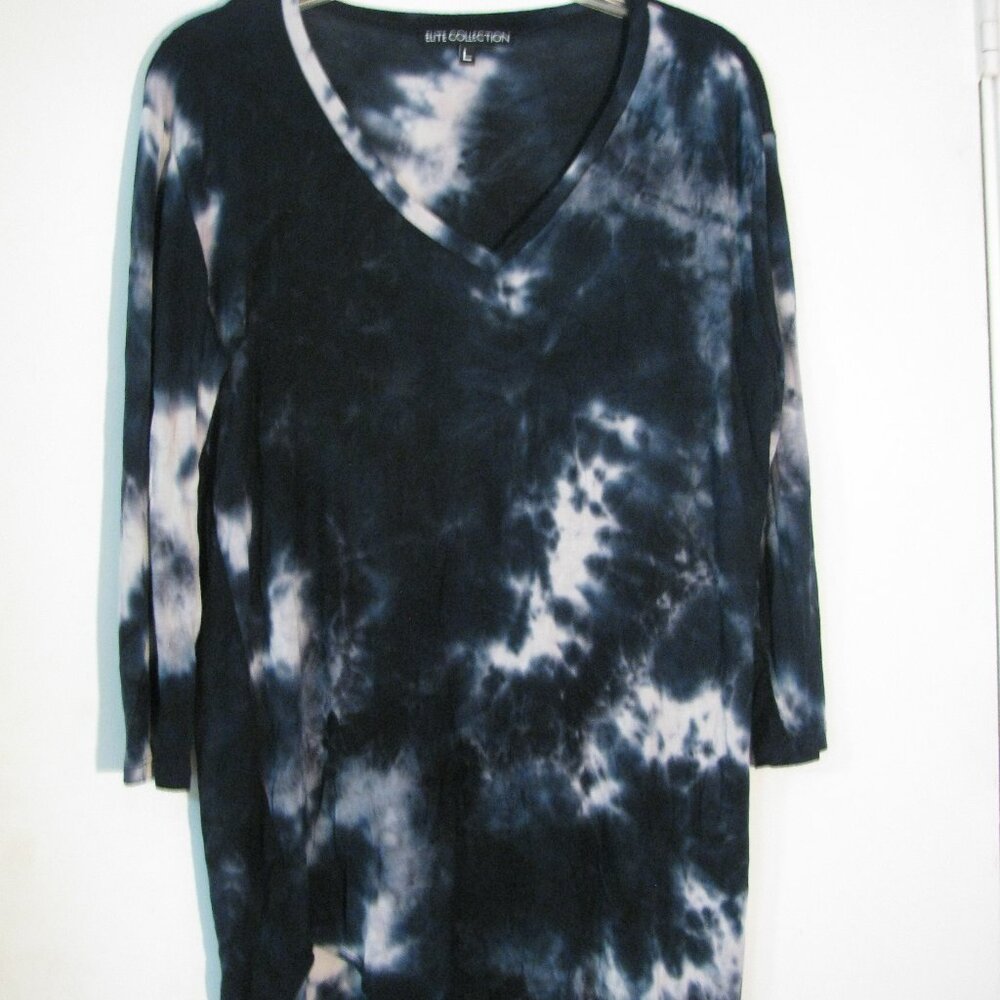 * Elite Collection Tie Dye Blouse Large Velvety Soft Blue White Tunic USA Made